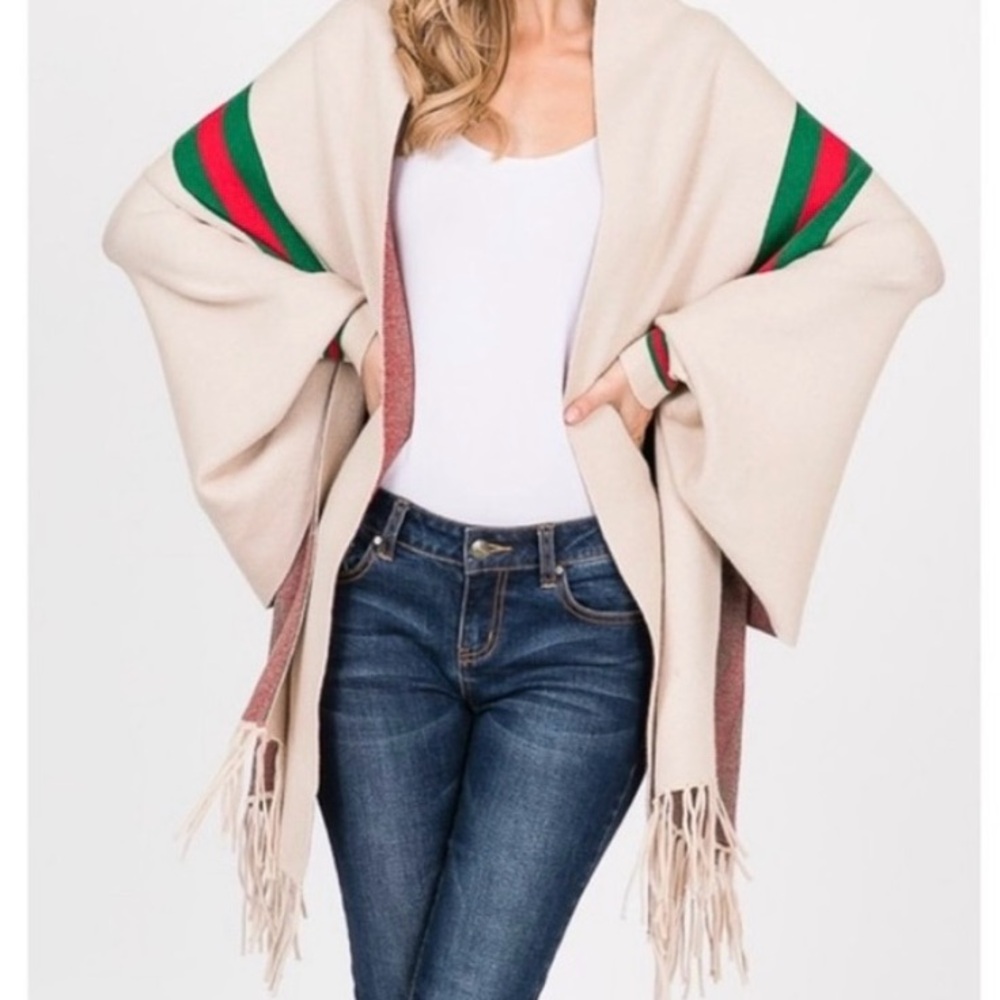 New crème cape shawl designer Inspired Italian wrap scarf sweater sleeves & pin